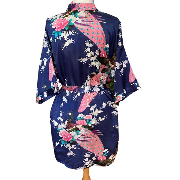 Peacock & Cherry Blossom Asian Inspired Silky Kimono Robe Navy Tik Tok Mini-M/L - Picture 6 of 10